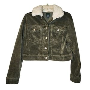 Wild Fable Olive Green Corduroy Crop Jacket Faux Fur Collar Women's Size M